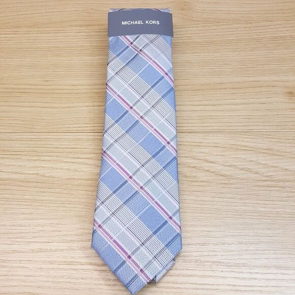 MICHAEL KORS Mens Neck Tie Blue Gray Check Plaid Classic Pointed Silk Blend - Picture 2 of 6